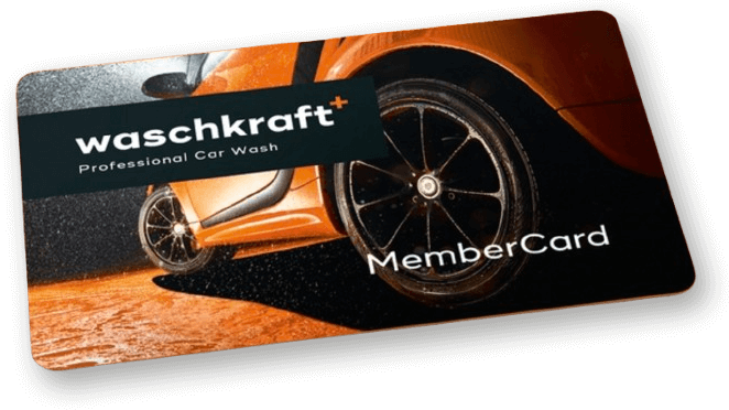 Mitgliedskarte von Waschkraft mit Bild eines Autos im Hintergrund und Text