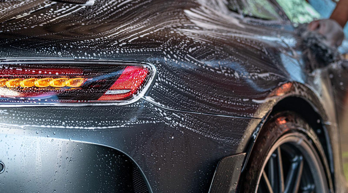 Rückansicht eines glänzenden Autos mit Seifenlauge, während der Wagen von einer Person gereinigt wird.